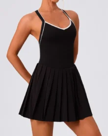 Pleated Built-In Bra Padded Liner Shorts Tennis Dress - Black