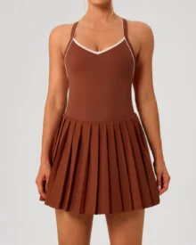 Pleated Built-In Bra Padded Liner Shorts Tennis Dress - Burgundy
