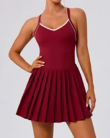 Pleated Built-In Bra Padded Liner Shorts Tennis Dress - Burgundy
