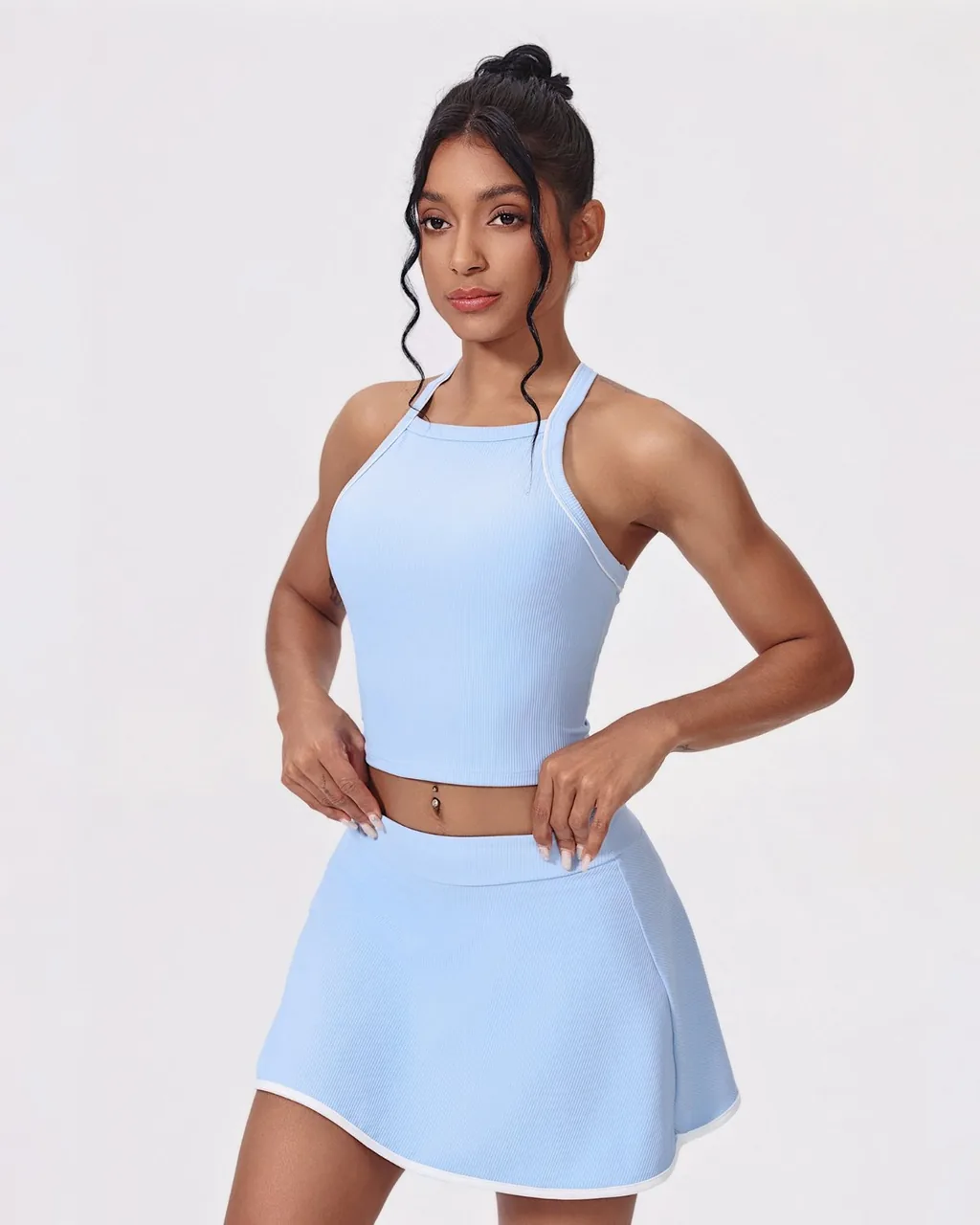 Yoga Nude Ribbed: Bloques De Color, Sin Espalda, Ajuste Slim - azul bebé