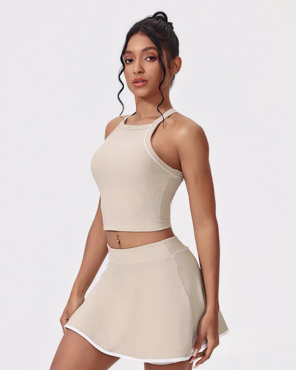 Ribbed Nude Feel Yoga Color Block Backless Slim - Tan