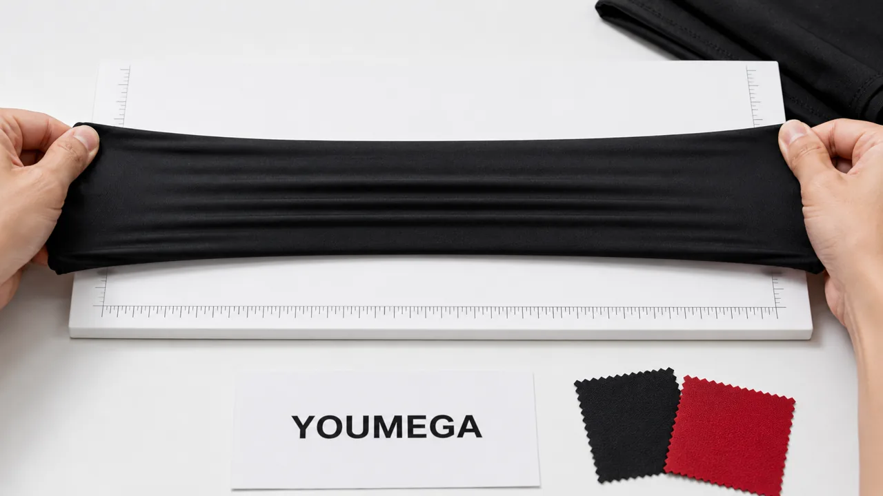 YOUMEGA high-waist activewear waistband stretched to show recovery and construction