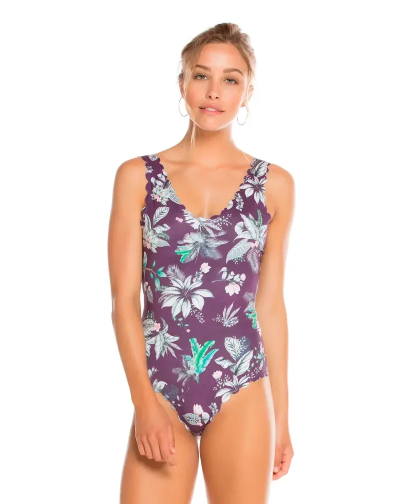 Laser Cut Printed Backless One Piece Swimsuit - Deep Plum