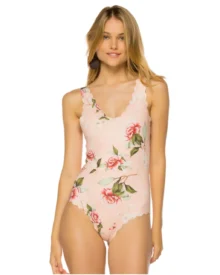 Laser Cut Printed Backless One Piece Swimsuit - Peach