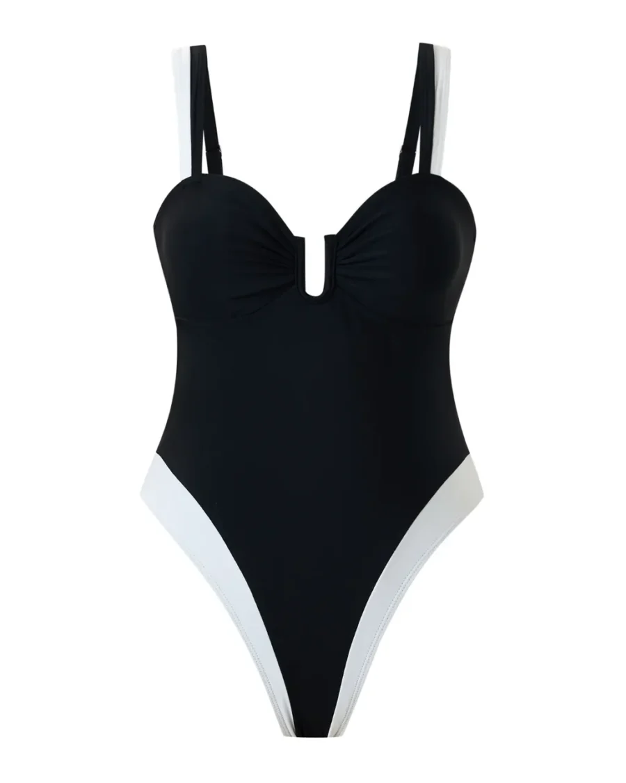Black White Color Block Backless Bikini - Black1153