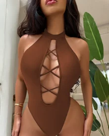 Solid Halter One Piece Sexy Swimwear - Brown