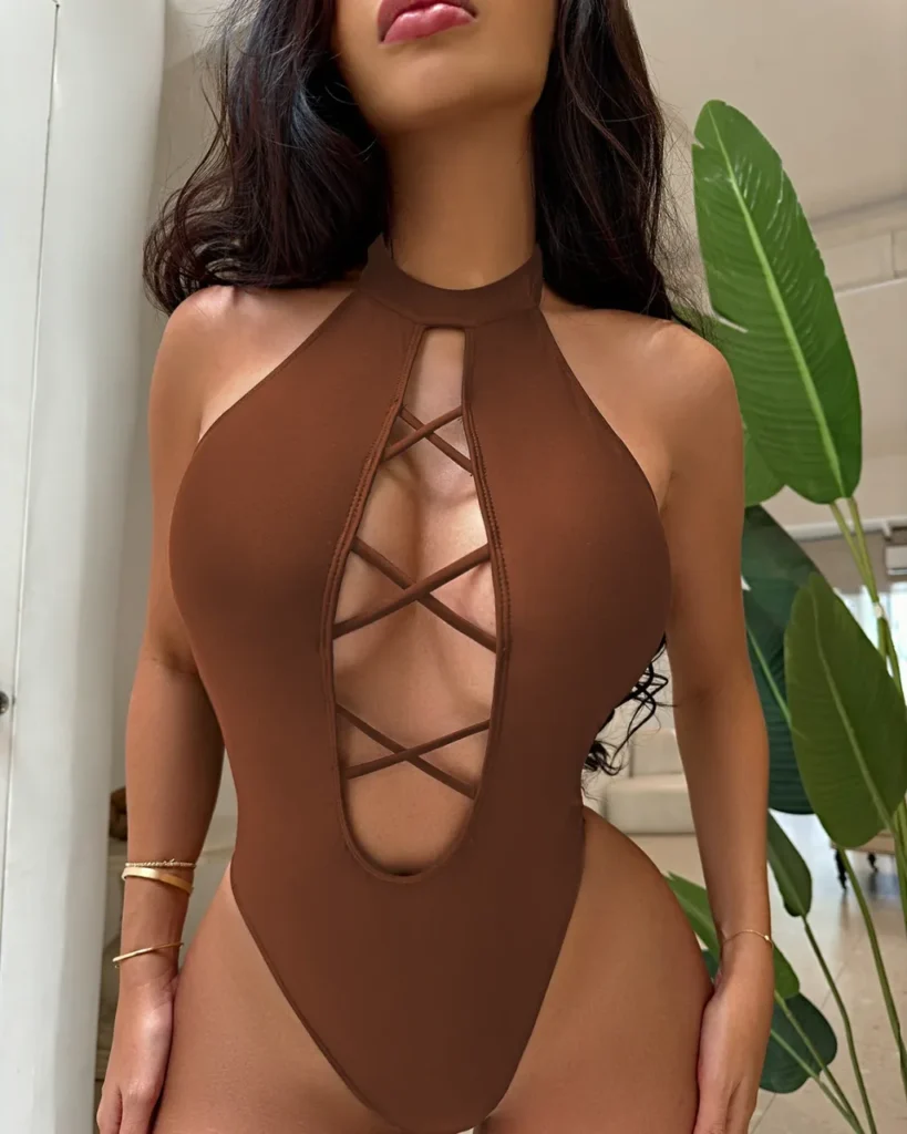 Solid Halter One Piece Sexy Swimwear - Brown