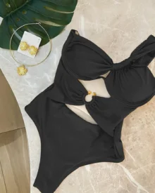 One Shoulder Twisted Underwire Swimsuit - Charcoal
