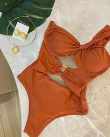 One Shoulder Twisted Underwire Swimsuit - Rust