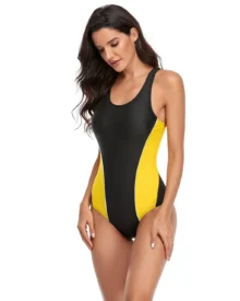 Color Block Backless High Waist One Piece - Black and Yellow