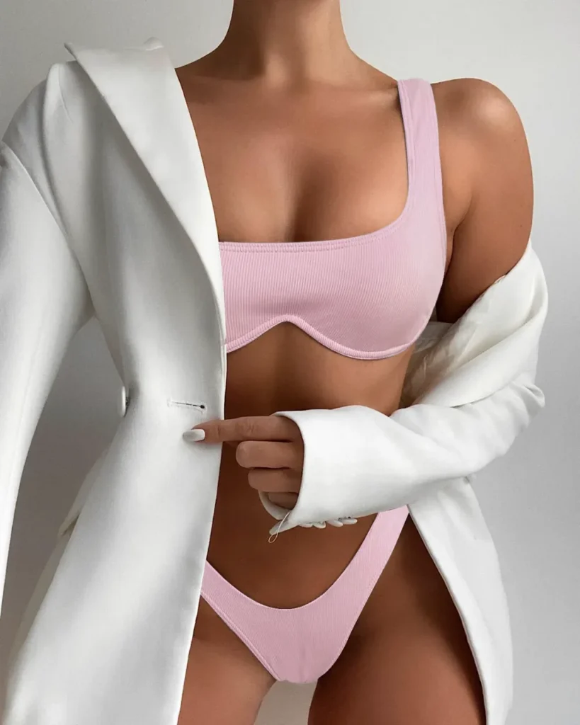 Ribbed Underwire Sexy Bikini Set - Pink