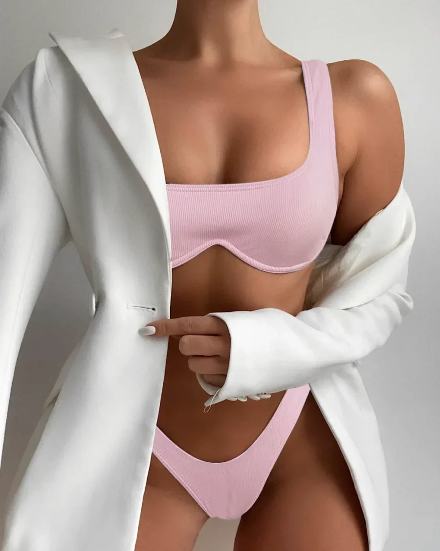 Ribbed Underwire Sexy Bikini Set - Pink