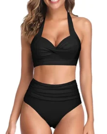 High Waist Printed Halter Split Bikini - All Black