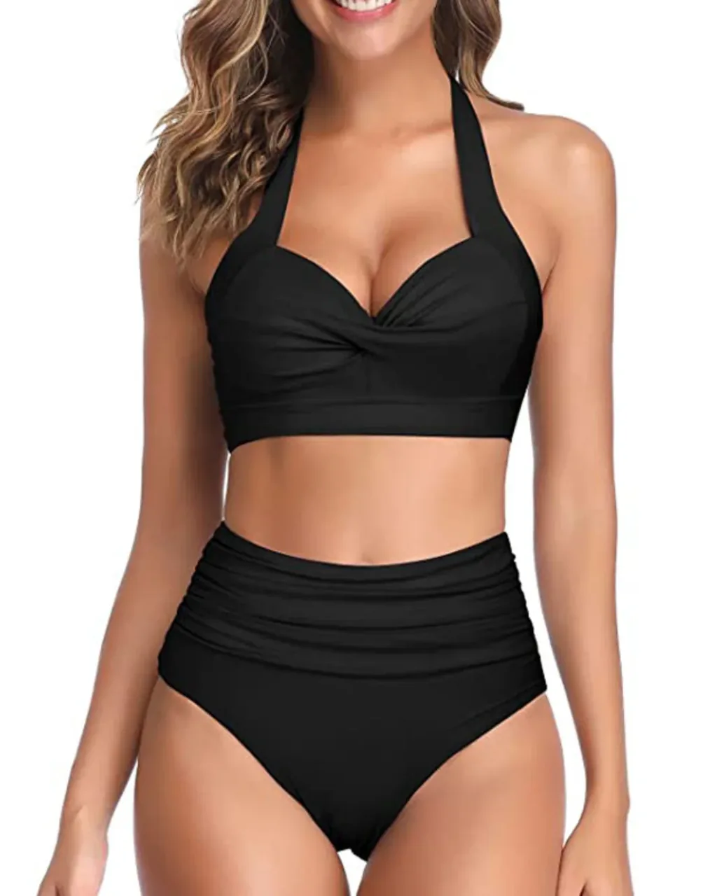 Bikini Halter Estampado Con Cintura Alta - negro total