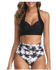 High Waist Printed Halter Split Bikini - Black and White