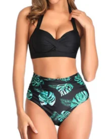 High Waist Printed Halter Split Bikini - Black Green