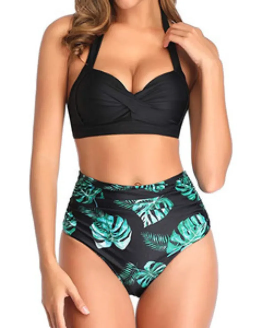 Bikini Halter Estampado Con Cintura Alta - negro verde
