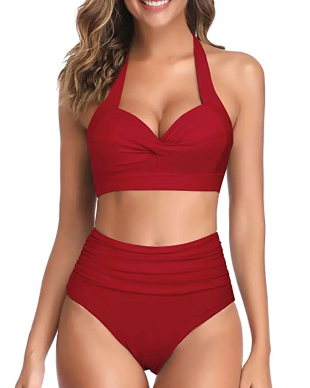 Bikini Halter Estampado Con Cintura Alta - rojo