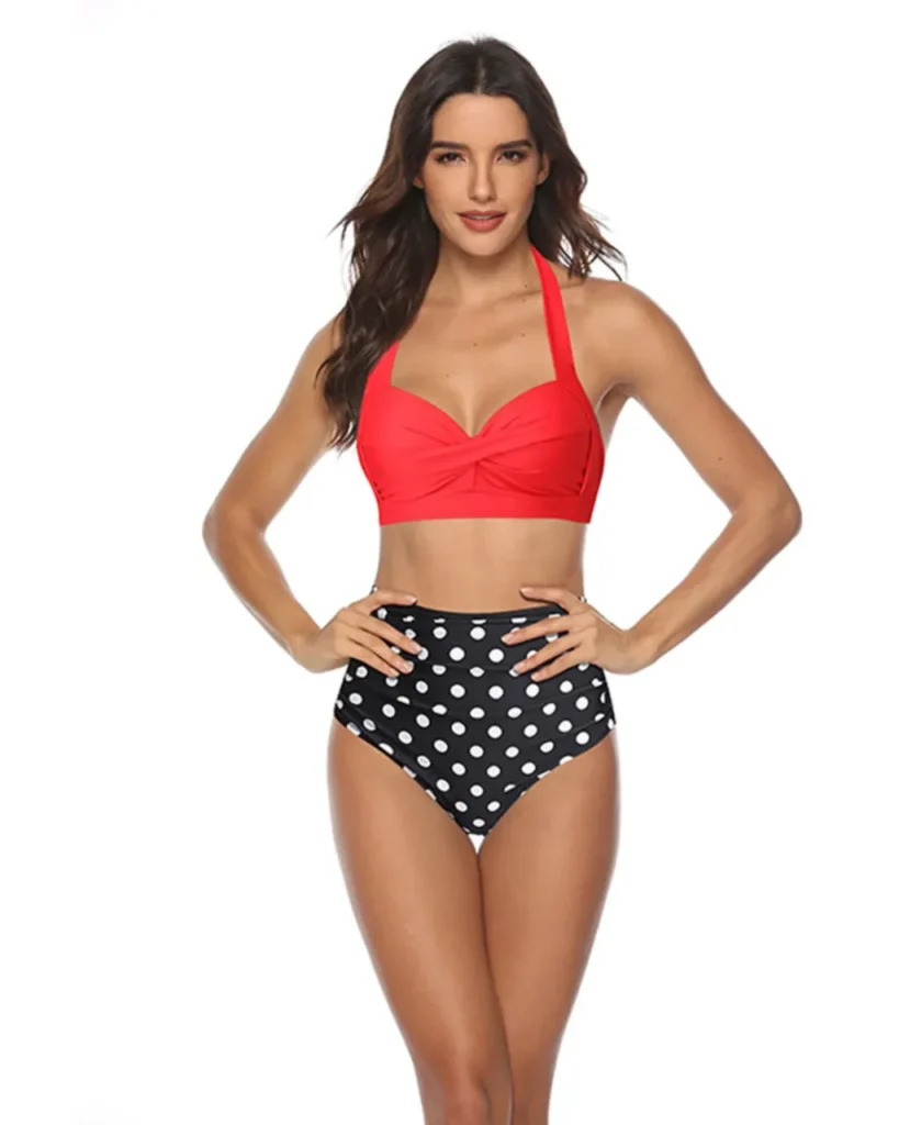High Waist Printed Halter Split Bikini - Red