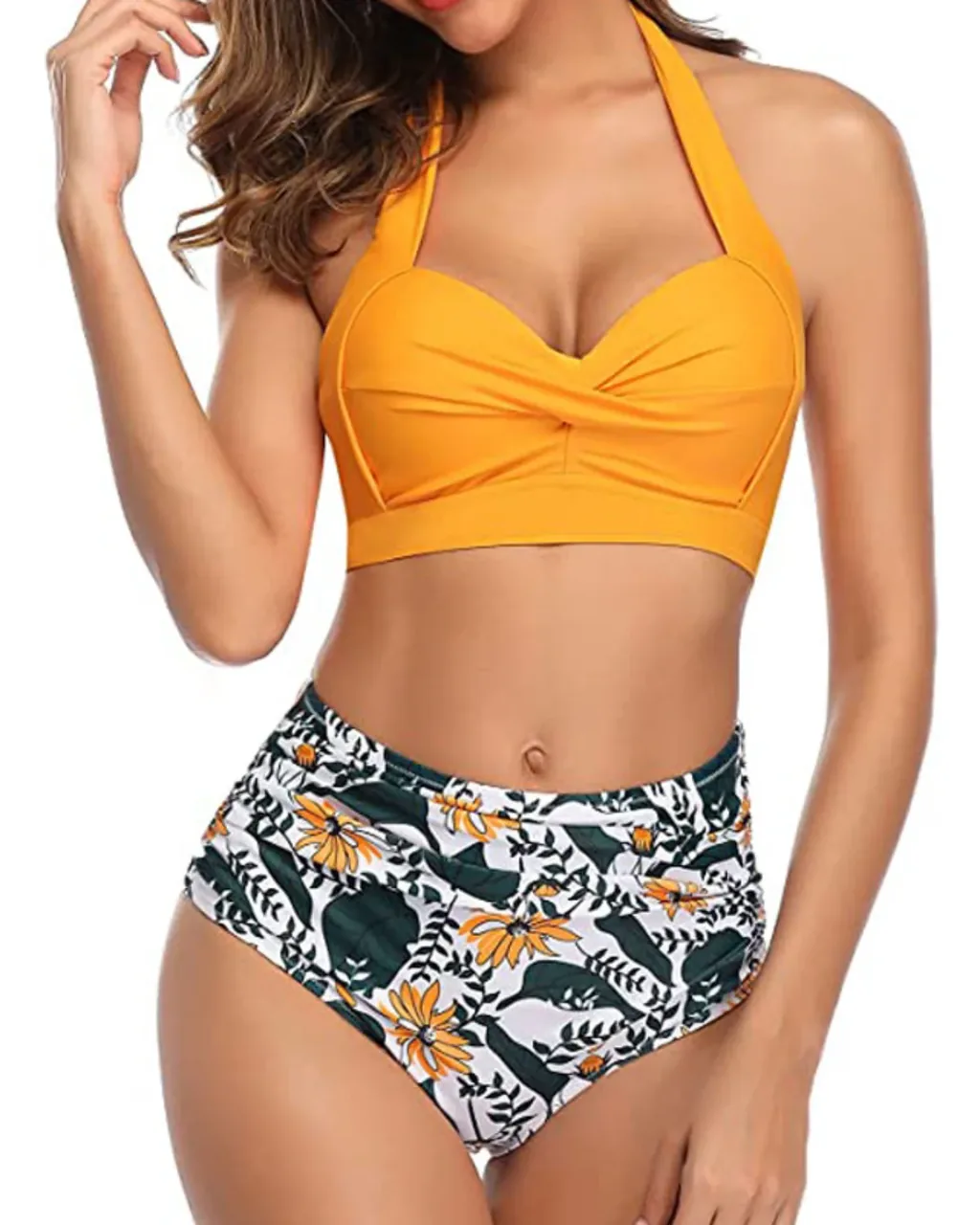 Bikini Halter Estampado Con Cintura Alta - amarillo