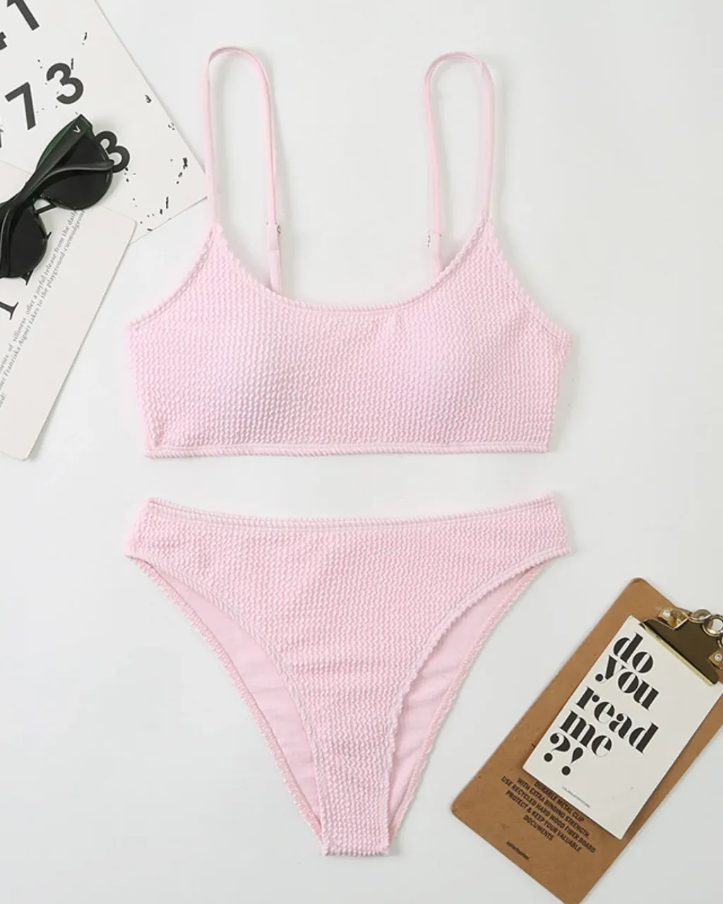 Bikini Dividido De Tela Rugosa - rosa claro