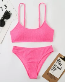 Solid Ribbed Fabric Split Bikini Swimwear - Pink