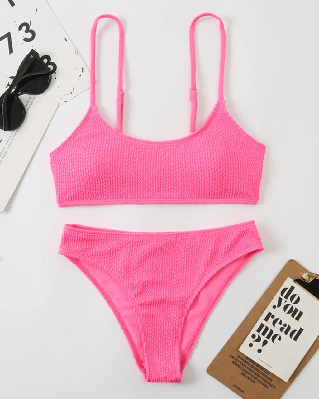 Bikini Dividido De Tela Rugosa - rosa