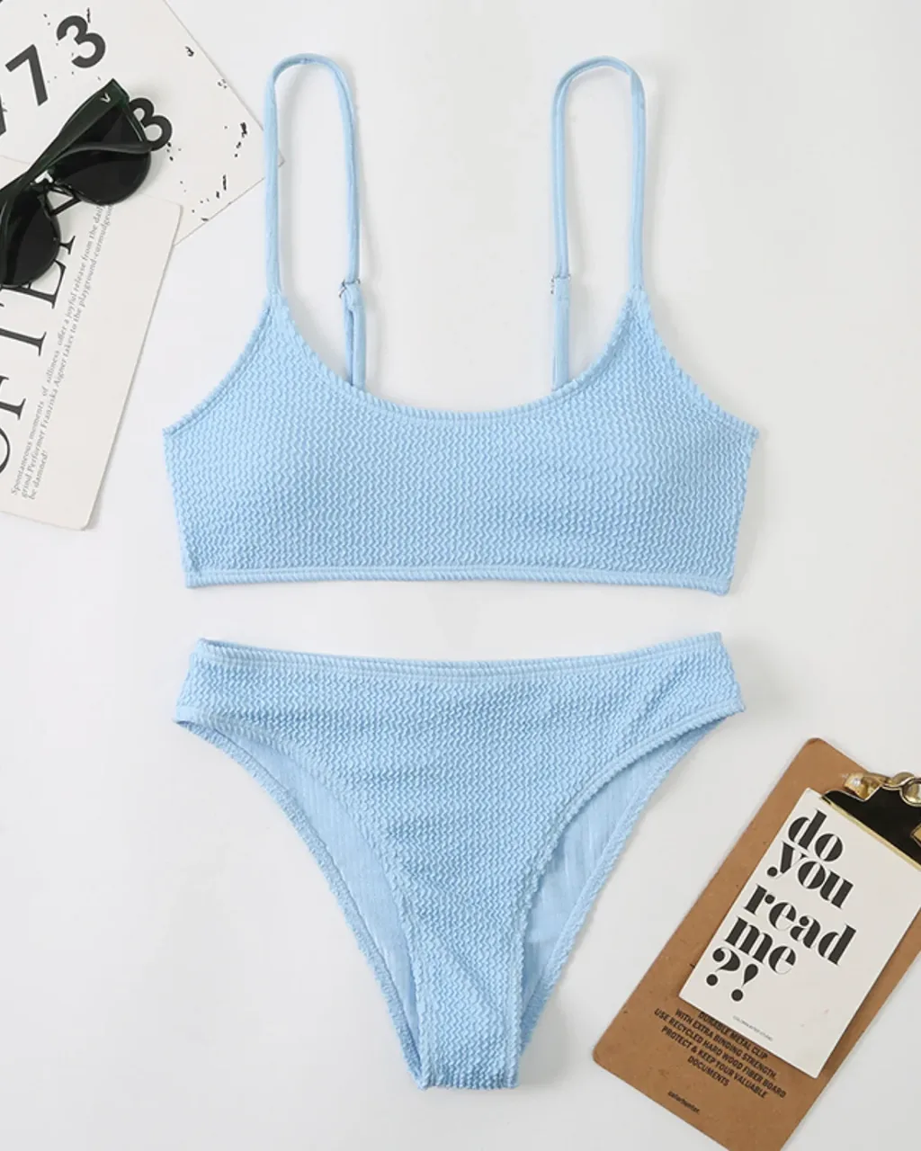 Bikini Dividido De Tela Rugosa - azul cielo
