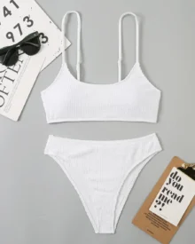 Solid Ribbed Fabric Split Bikini Swimwear - White