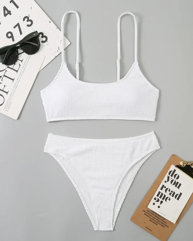Solid Ribbed Fabric Split Bikini Swimwear - White