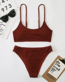 Solid Ribbed Fabric Split Bikini Swimwear - Wine