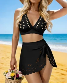 Hollow Cutout Skirt Bikini Swimwear - Black