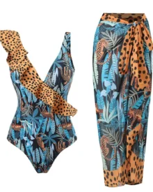 Backless Printed Tie Skirt Swimwear Set - Blue