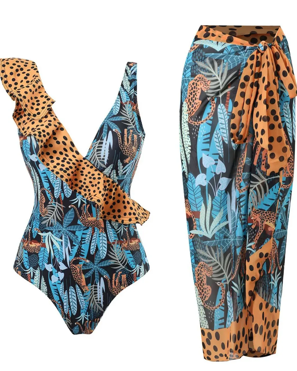 Conjunto De Bikini Con Falda Estampada Sin Espalda - azul