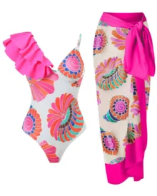 Backless Printed Tie Skirt Swimwear Set - Hot Pink