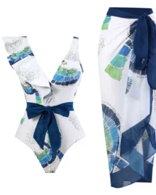 Backless Printed Tie Skirt Swimwear Set - Navy