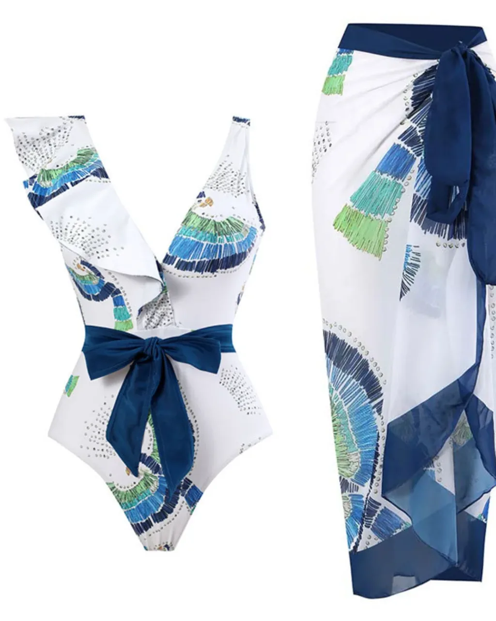 Conjunto De Bikini Con Falda Estampada Sin Espalda - azul marino