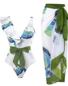 Backless Printed Tie Skirt Swimwear Set - Olive White