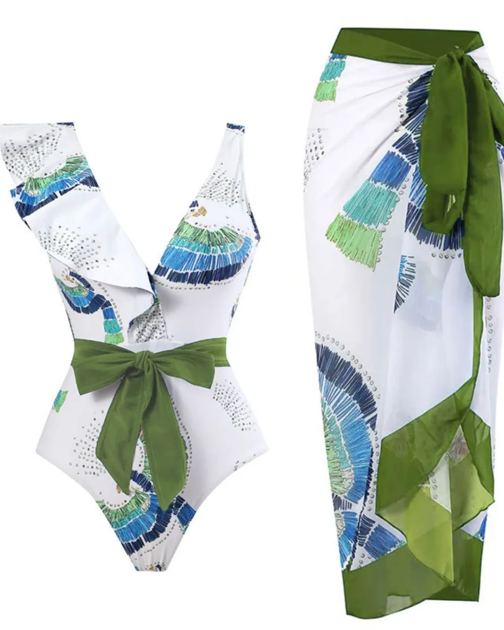 Conjunto De Bikini Con Falda Estampada Sin Espalda - oliva blanco
