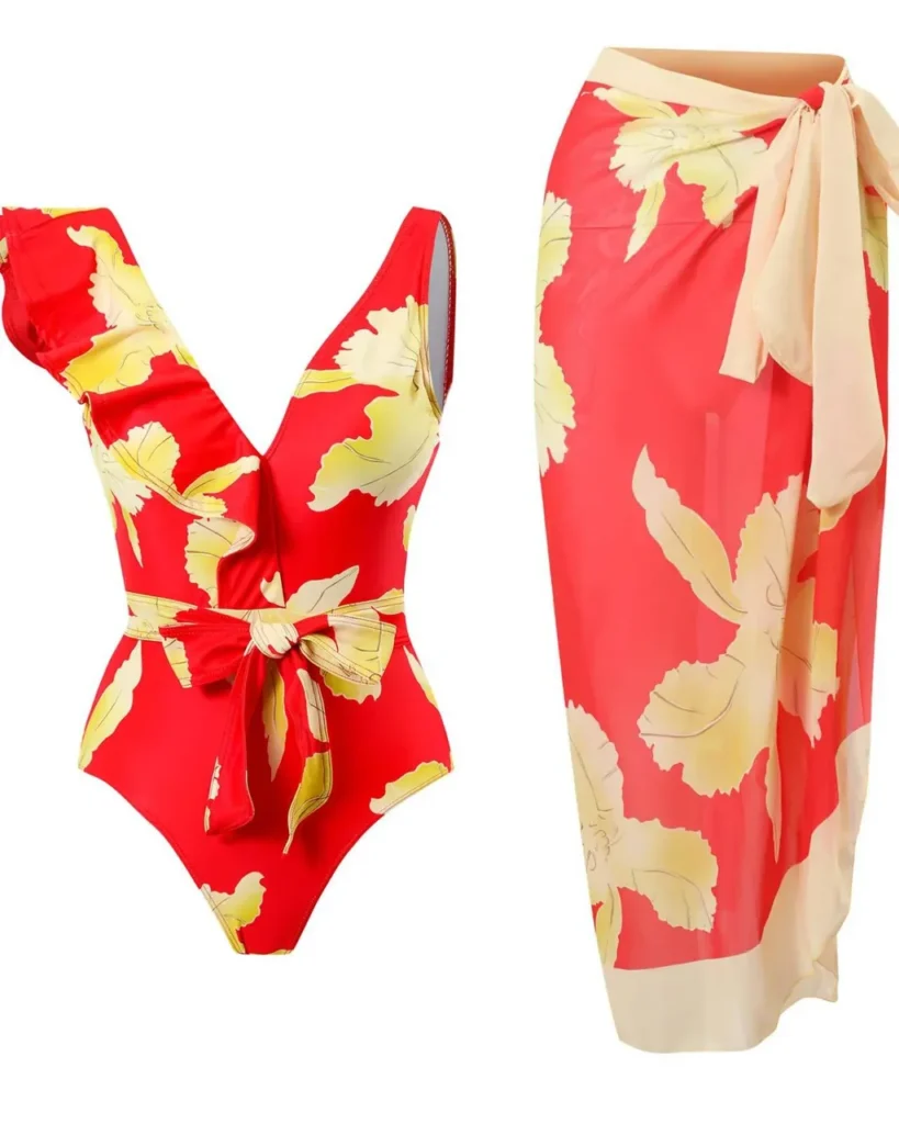 Backless Printed Tie Skirt Swimwear Set - Red