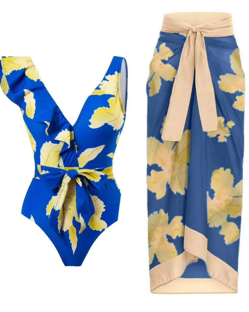 Backless Printed Tie Skirt Swimwear Set - Royal Blue