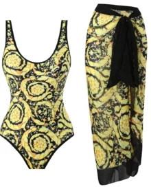 Retro Printed Slim Swimwear Dress Set - Black Gold