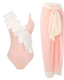 Retro Printed Slim Swimwear Dress Set - Cream Pink