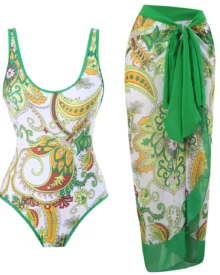 Retro Printed Slim Swimwear Dress Set - Green Floral