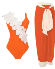 Retro Printed Slim Swimwear Dress Set - Orange