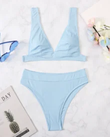Striped High Waist Backless Bikini - Baby Blue