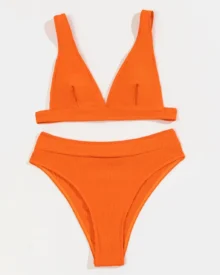 Striped High Waist Backless Bikini - Orange