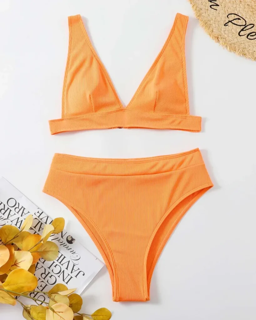 Striped High Waist Backless Bikini - Peach