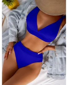 Striped High Waist Backless Bikini - Royal Blue