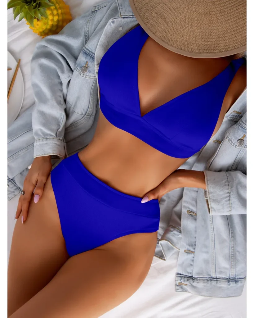 Striped High Waist Backless Bikini - Royal Blue